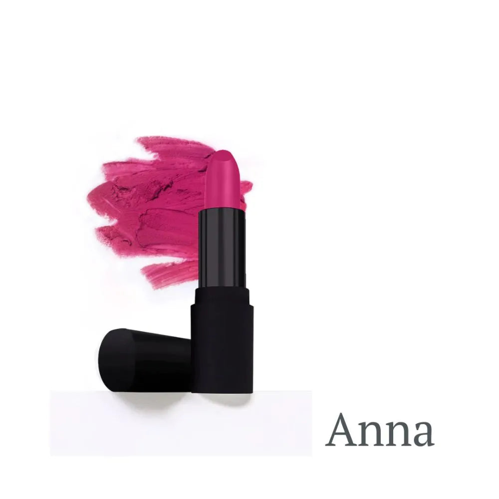 Pink satin lipstick named “Anna” with a black case, shown alongside a pink swatch.