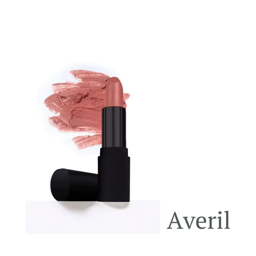 Warm nude satin lipstick named “Averil” with a black case, displayed alongside a soft pinkish-beige swatch.