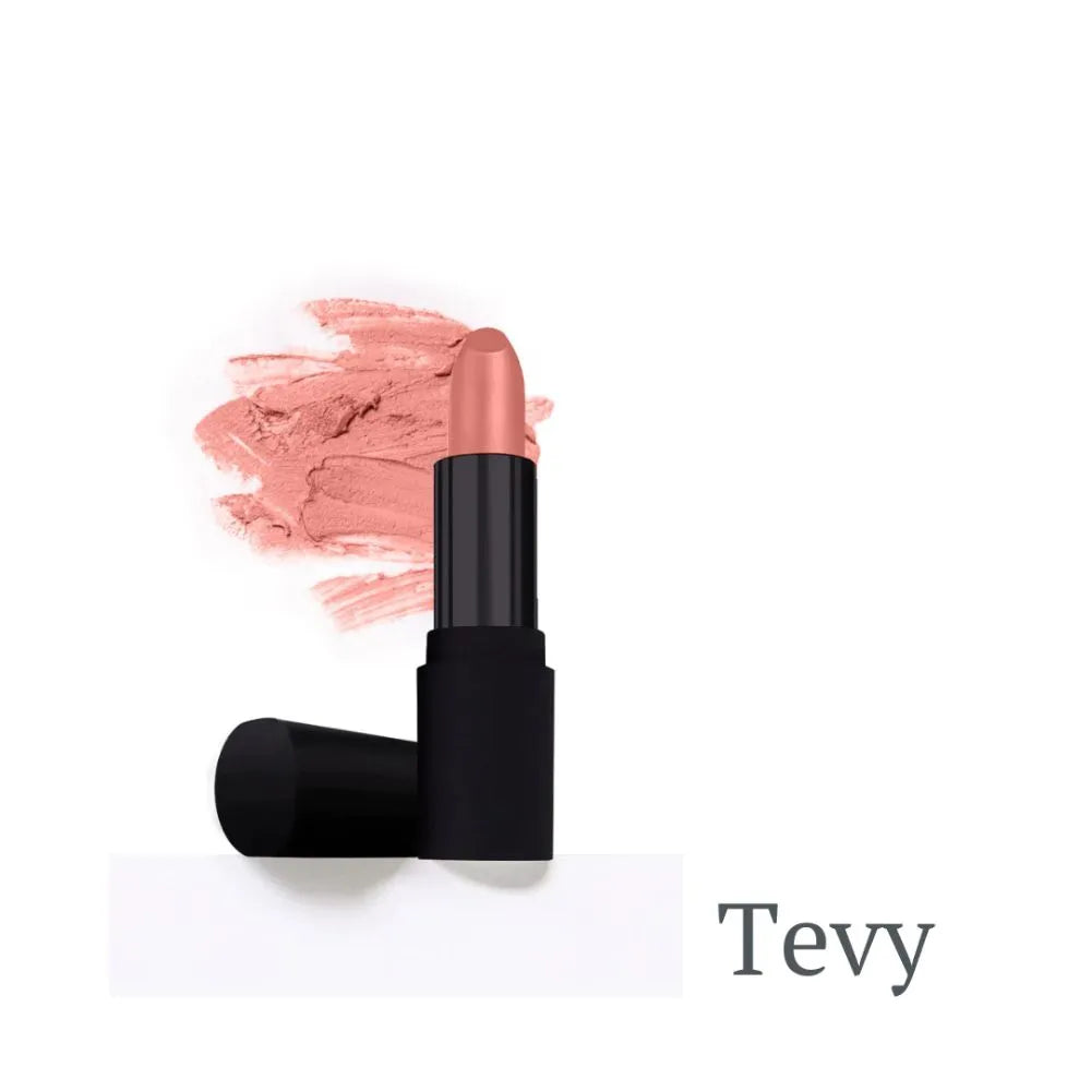 Soft peach satin lipstick named “Tevy” in a sleek black case, accompanied by a matching peach swatch.