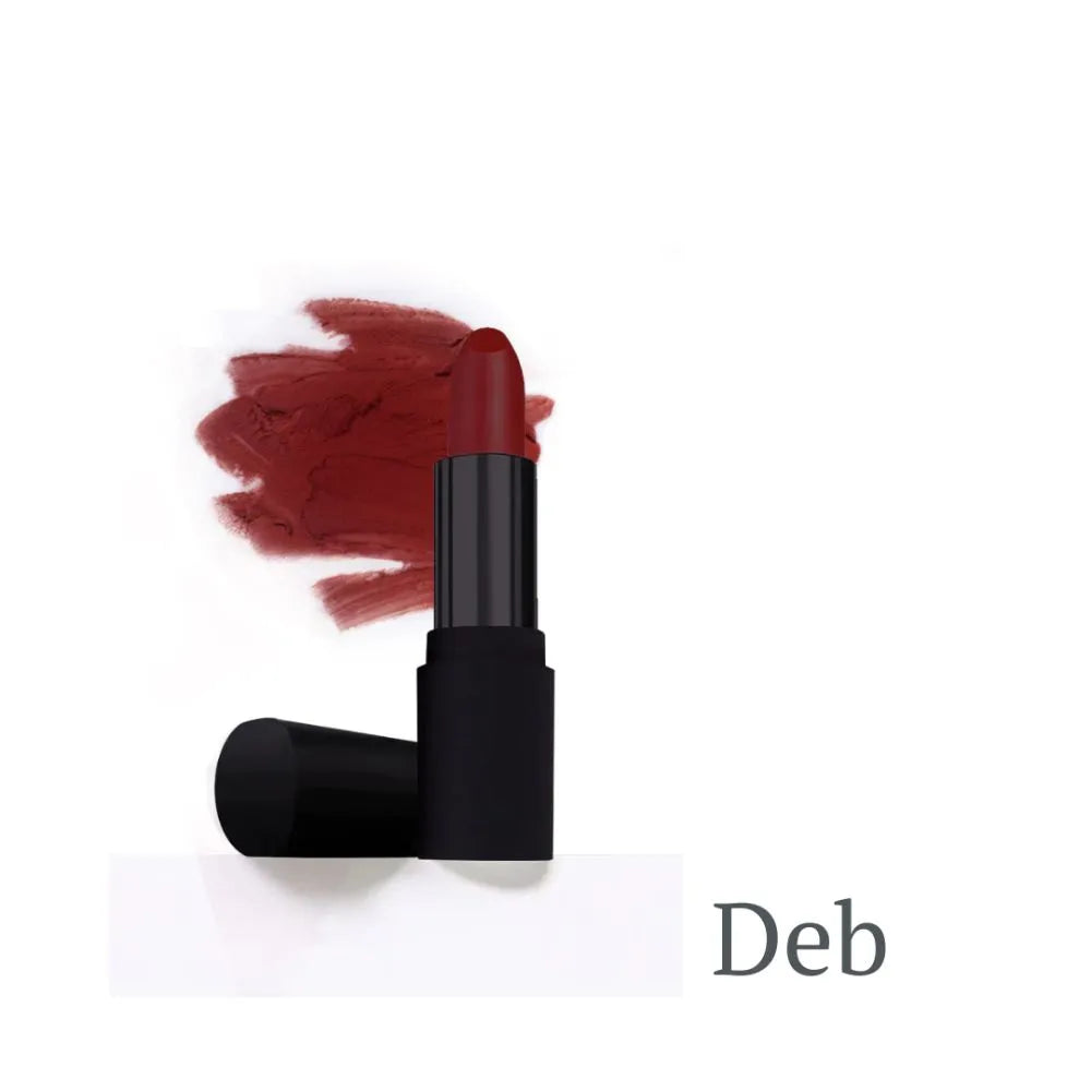 Rich red satin lipstick named “Deb” with a black case, shown alongside a deep red swatch.