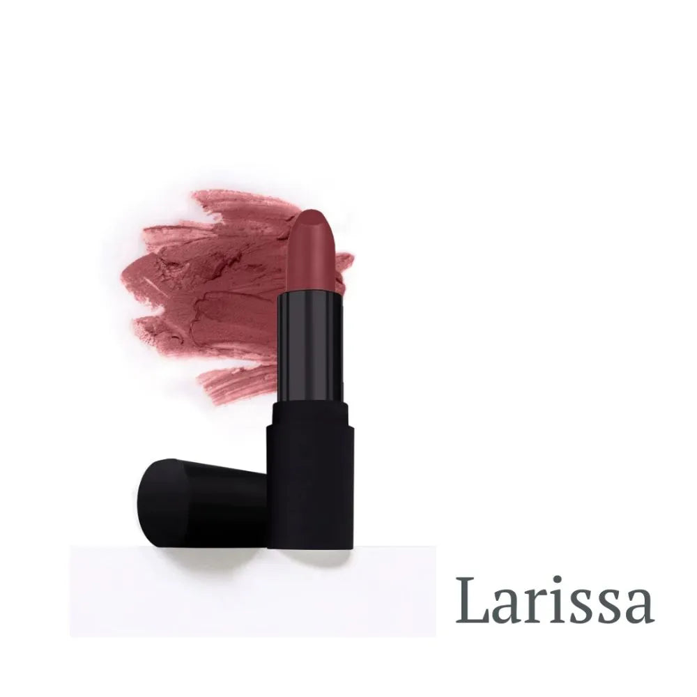 Rich mauve satin lipstick named “Larissa” in a sleek black case, with a matching mauve swatch behind it.