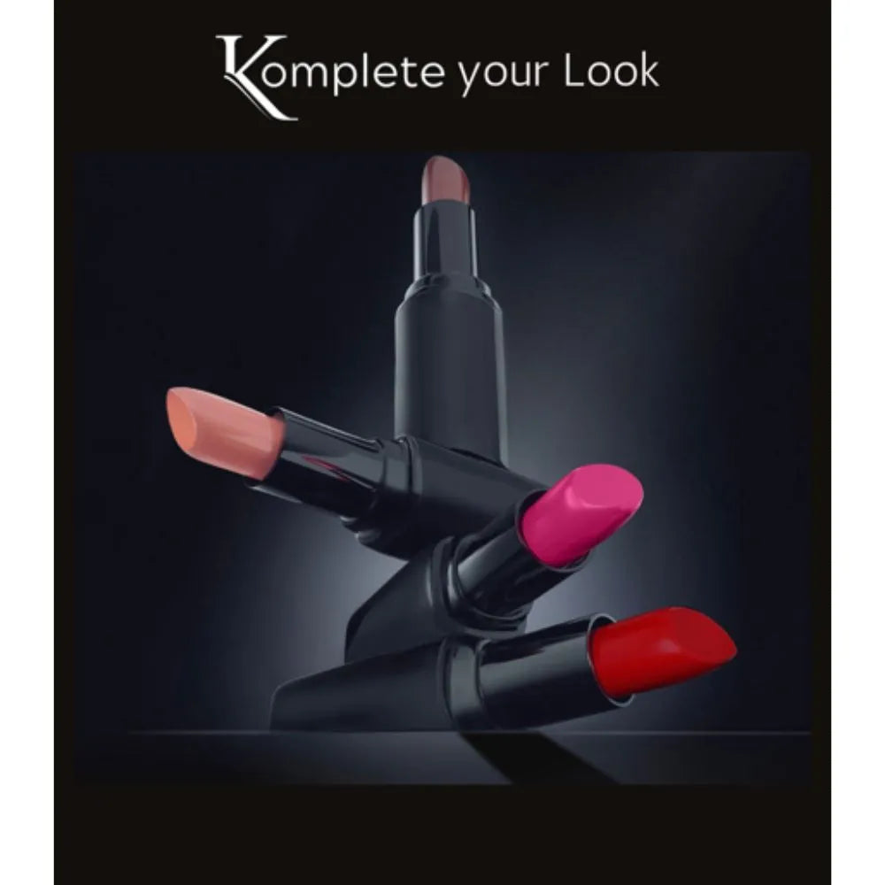 Three satin lipsticks in black tubes displayed in a stylish composition, showcasing shades of nude, vibrant pink, and bold red against a dark backdrop.