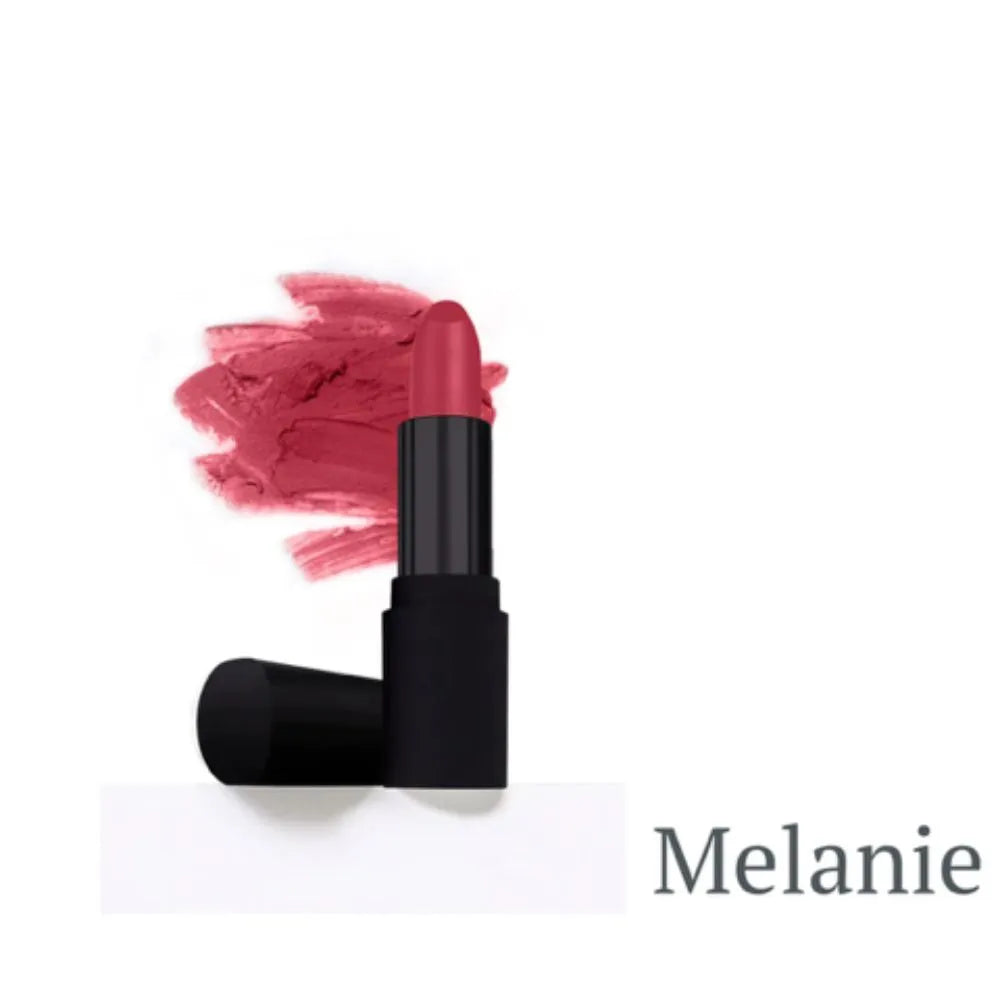 Satin lipstick named “Melanie” in a sleek black case, featuring a soft rosy pink shade with a matching swatch behind it.